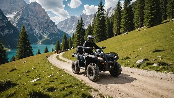 Close-up of an ATV traversing a rough mountain trail near Lago di Braies