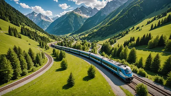 Wide angle view of a scenic train winding through the Alps