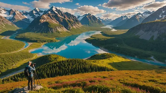 High angle view of a photographer capturing the stunning Alaskan landscape during a photography tour.