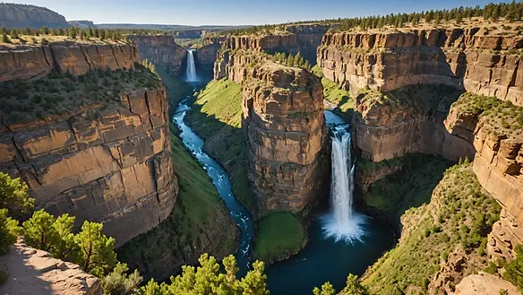 Wide angle view of Twin Falls landmark with canyon backdrop