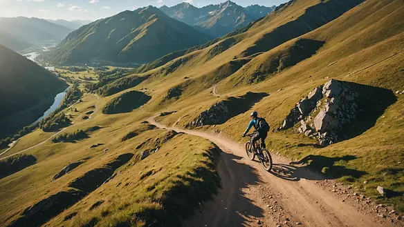 High angle view of a mountain biker navigating a trail