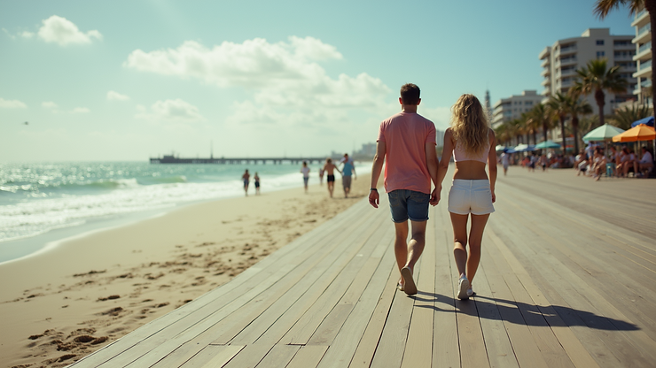 Close-up view of a couple walking along the picturesque boardwalk at Hollywood Beach