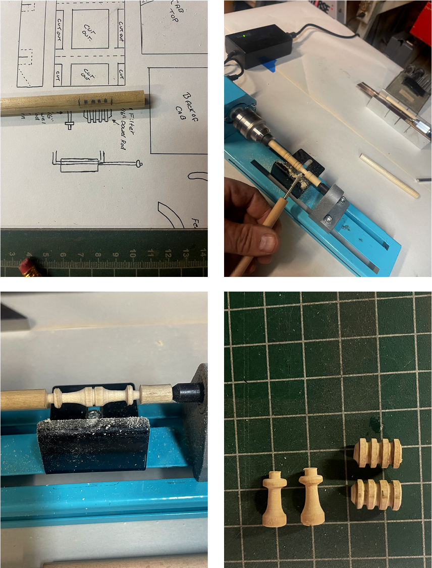 Marked dowel rods for the truck filter canisters, features being turned or cut on a lathe, and the completed airhorns and filter canisters.