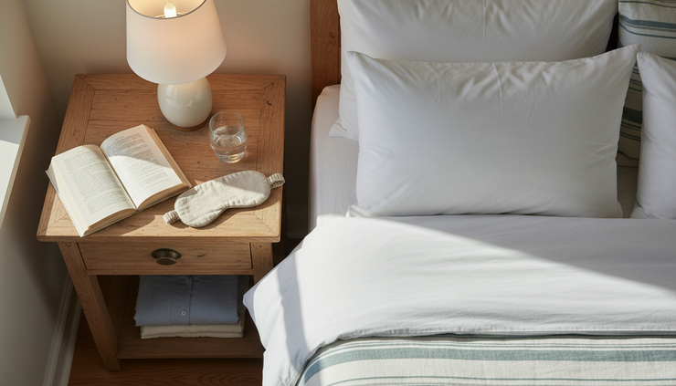 Overhead view of a nightstand with a book, sleep mask, and glass of water beside a neatly made bed.