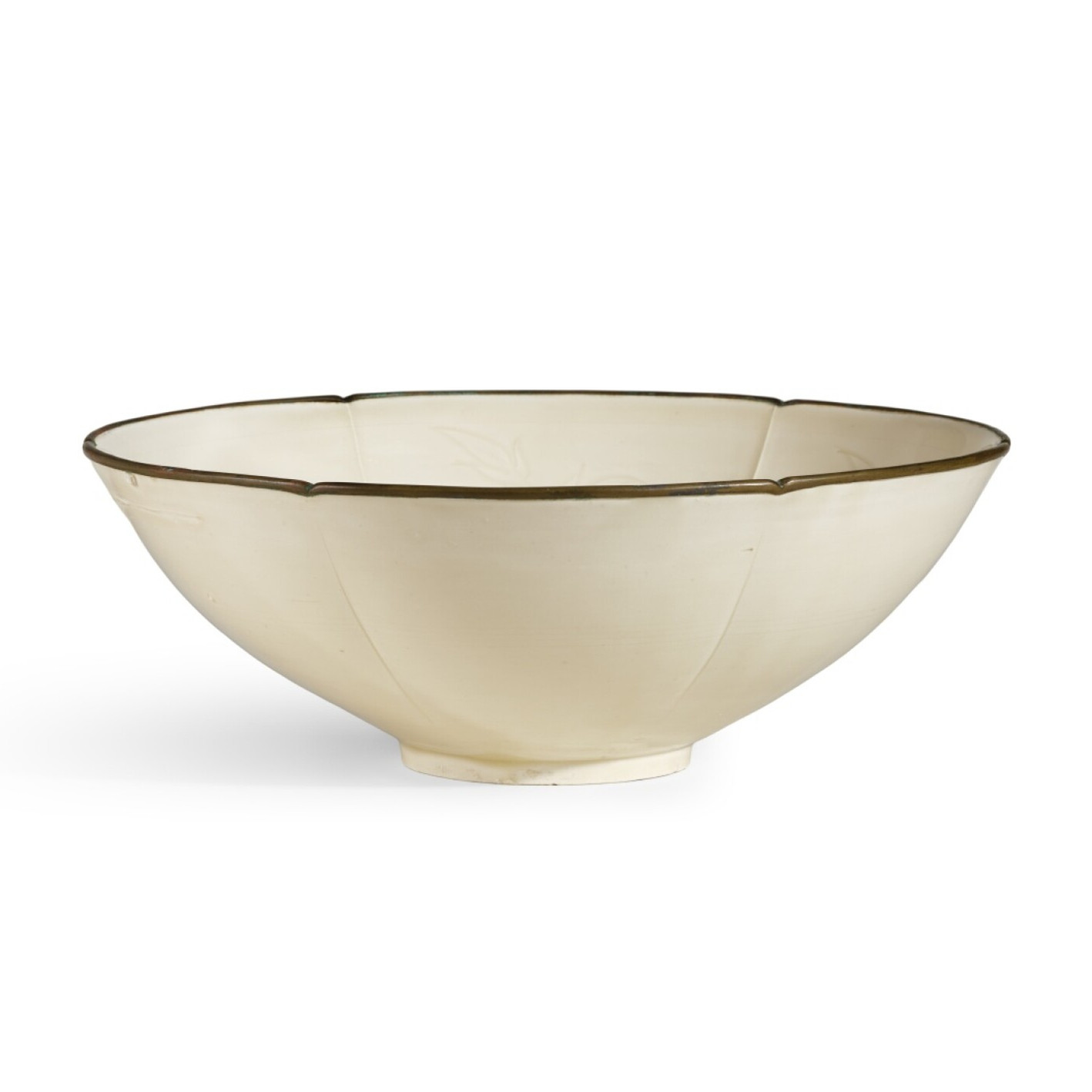 Cream-colored ceramic bowl with a dark rim, centered on a plain white background.