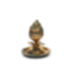 Ornate golden artifact with intricate carvings, featuring a lotus design, sits on a matching dish. Hints of green patina accentuate details.