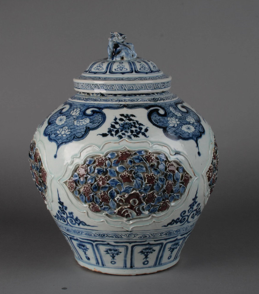 元代筆記vol.3 1964年河北保定永華南路小學出土青花釉里紅開光貼花蓋罐