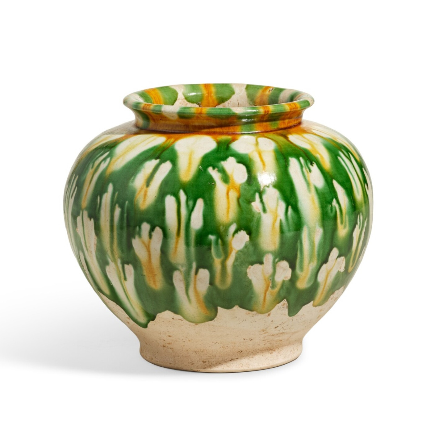 Green-and-yellow glazed ceramic vase with dripped pattern, centered on a white background.
