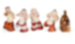 Five clay figurines; four in dynamic poses with red pants, one seated. Neutral background; worn textures, ancient feel.