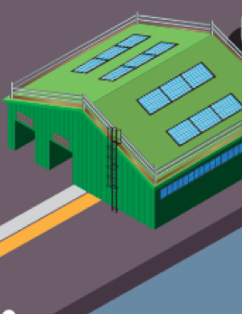 Edificio verde con techo inclinado y paneles solares azules, barandilla alrededor, escalera negra. Fondo gris y pavimento.