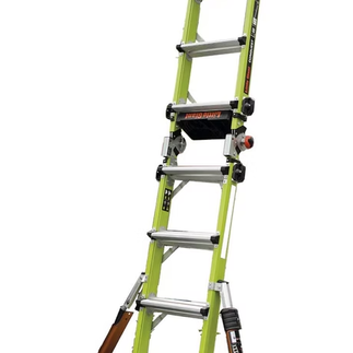 Escalera multiposición de fibra de vidrio verde y naranja con niveladores ajustables para trabajos e