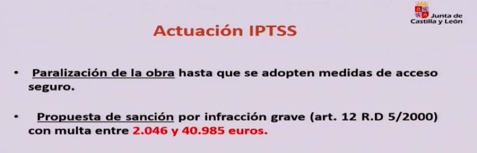 Texto con encabezado "Actuación IPTSS", seguido de medidas por infracciones graves, incluyendo sanciones económicas resaltadas en rojo. Logos de Junta de Castilla y León arriba a la derecha.