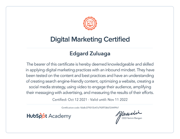 Certificado en Digital Marketing de Hubspot