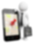 Monigote apoyado en un smartphone en cuya pantalla se ve un mapa con una coordenada marcada