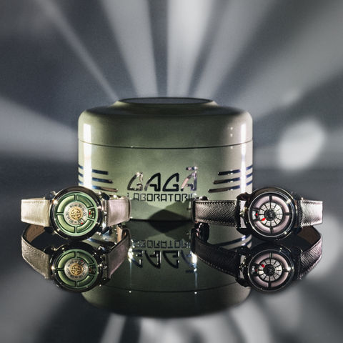 GAGA Laboratorio watches next to a green storage box with the logo on it. Image (c) Lenny Di Lorenzo.