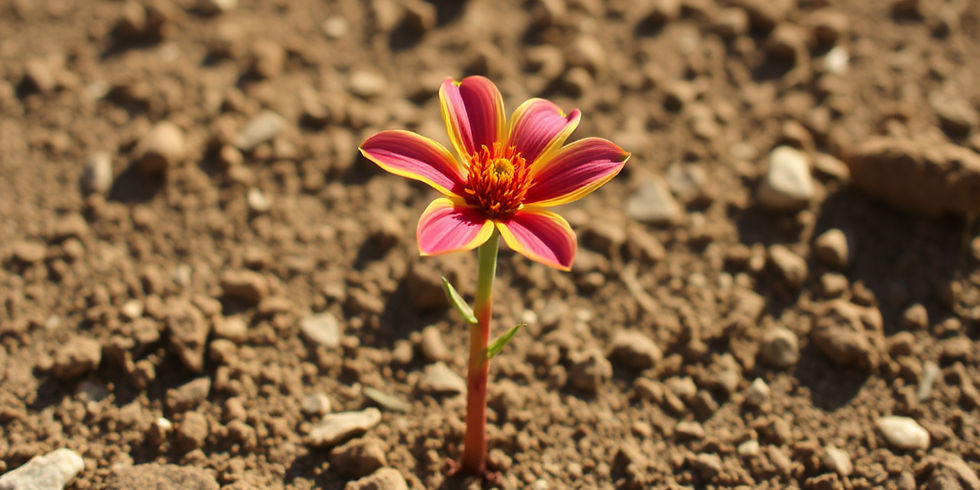 Flor rosa e amarela isolada brotando em solo seco e pedregoso, com fundo desfocado.