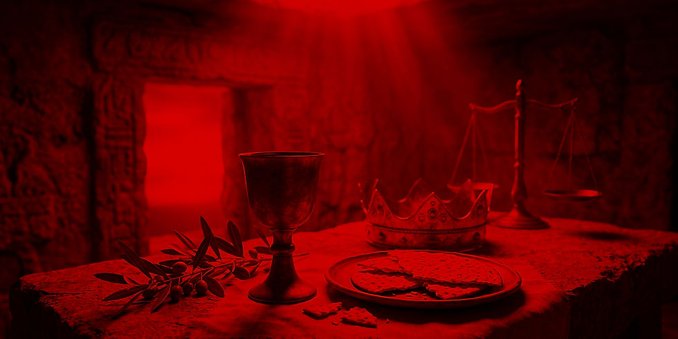 Mesa iluminada em vermelho com cálice, coroa, balança, ramos de oliveira e bolachas sobre fundo de caverna.
