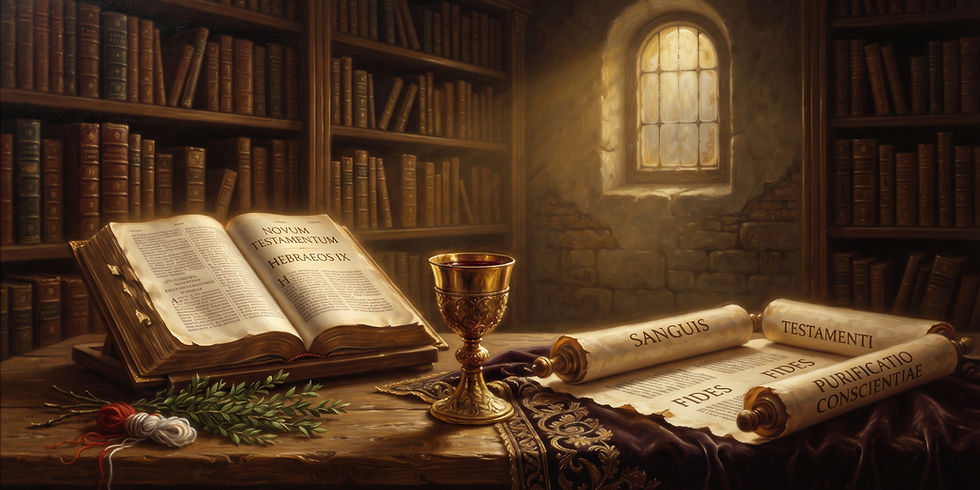 Biblioteca antiga com Bíblia aberta, cálice dourado e pergaminhos em latim sob luz quente de janela; clima solene e silencioso