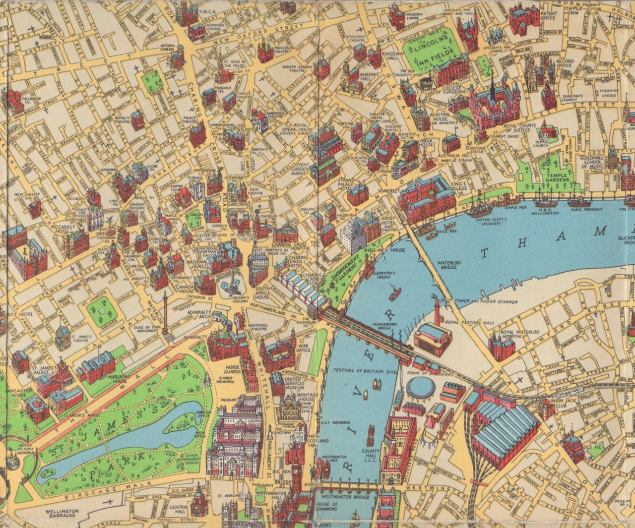 Chichesters Picture Map of London - Middle Row Panel 3: West End, Parliament, Covent Garden, Inns of Court, South Bank, Waterloo Station