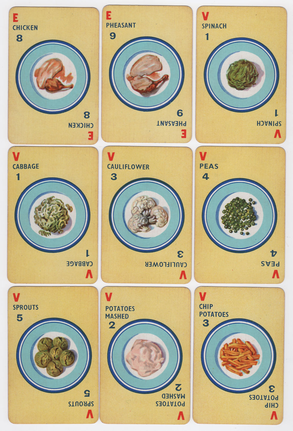 Menuette cards: Entrees: Chicken, Pheasant. Vegetables: Spinach, Cabbage, Cauliflower, Peas, Sprouts, Potatoes Mashed, Chip Potatoes