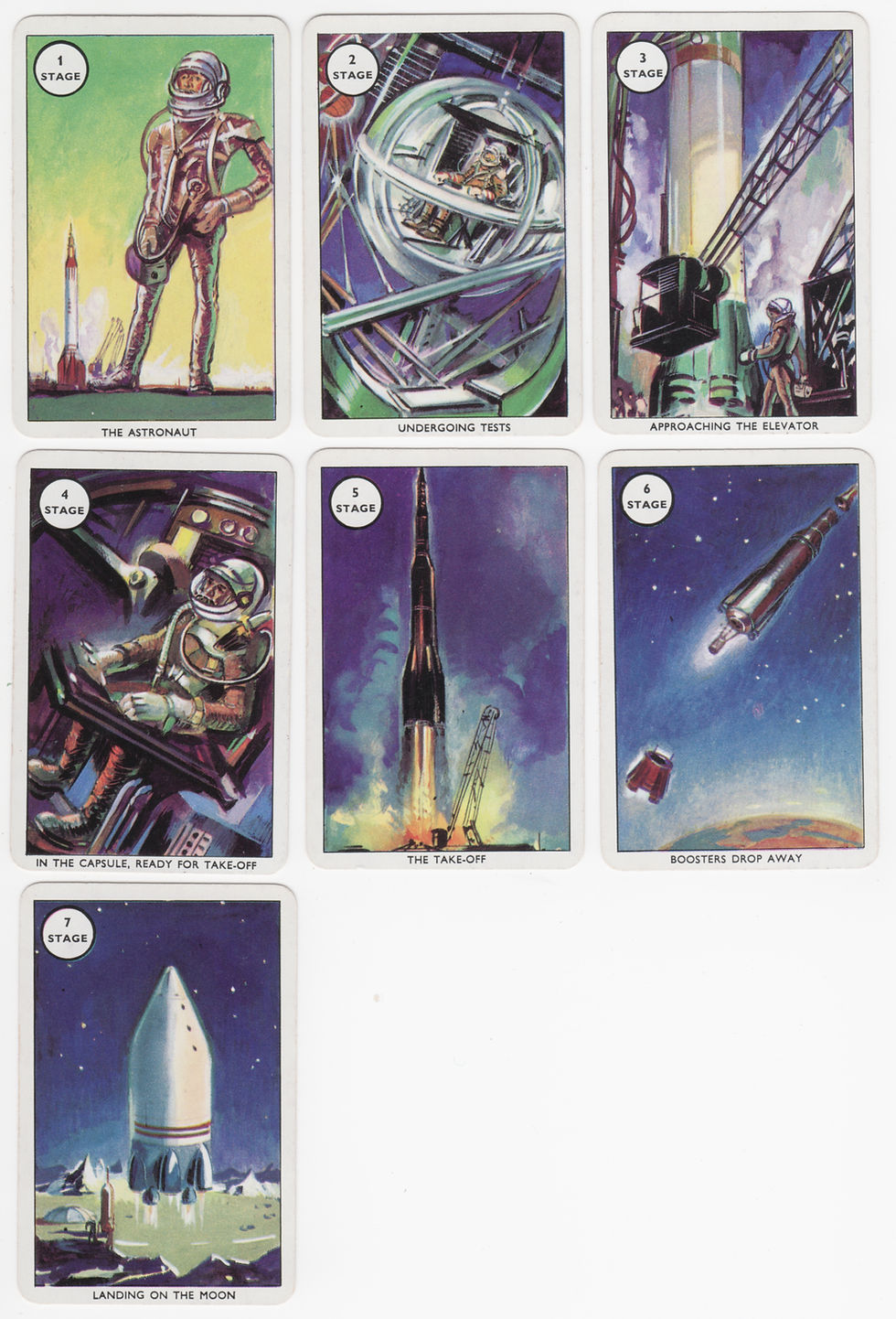 Astronaut cards: The 7 Stage cards, The Astronaut, Undergoing Tests, Approaching The Elevator, In The Capsule Ready For Take-Off, The Take-Off, Boosters Drop Away, Landing on the Moon.