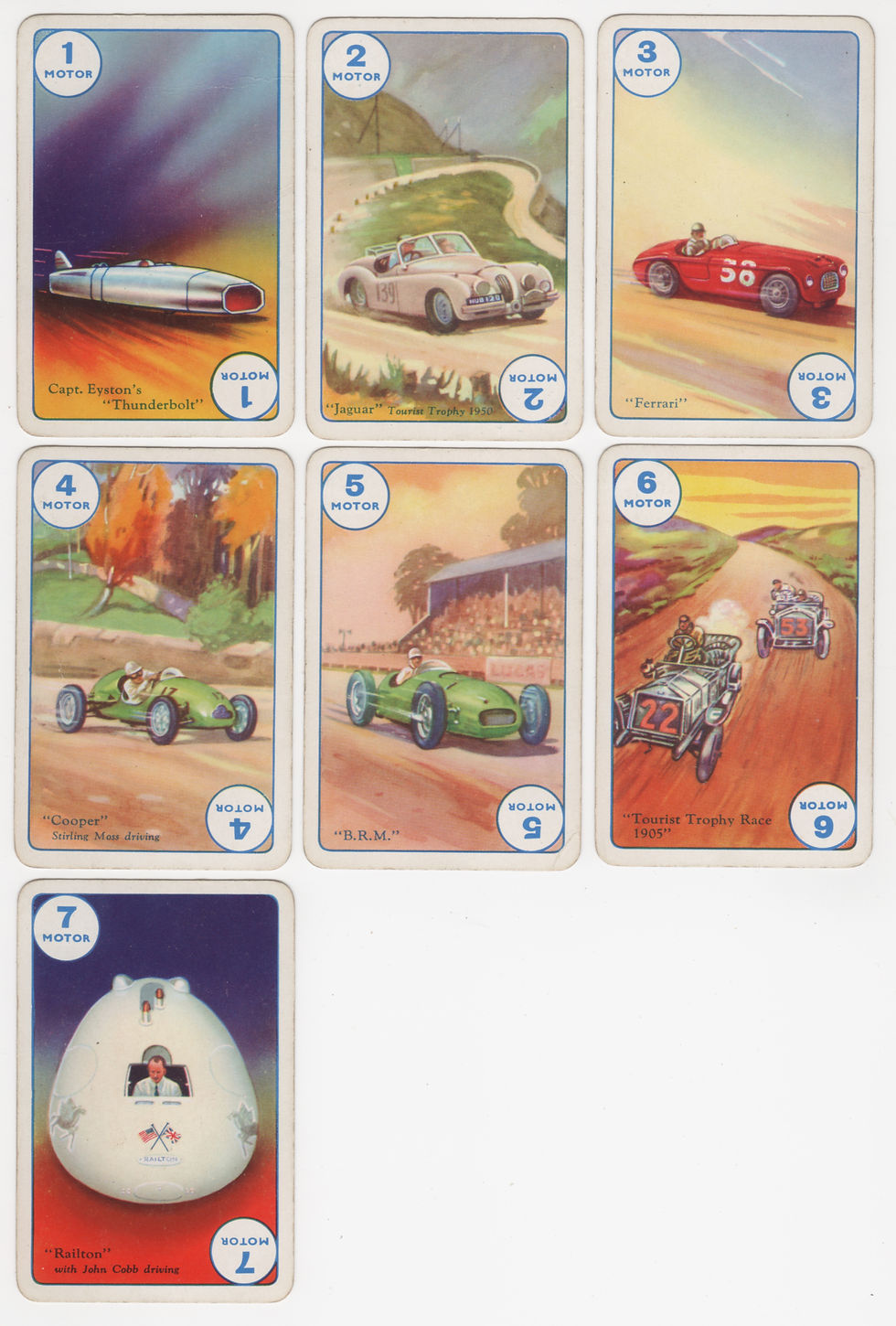 Speed 5th cards, Motors: “Capt. Eyston’s “Thunderbolt”, “Jaguar” Tourist Trophy 1950, “Ferrari”, “Cooper” Stirling Moss, “B.R.M.”, “Tourist Trophy Race 1905”, “Railton” John Cobb