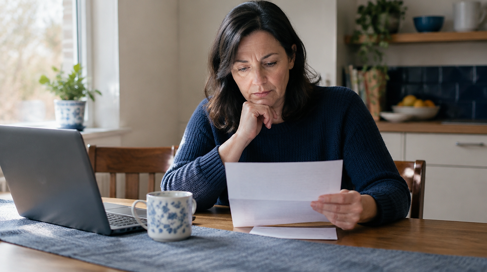 A woman sits at her kitchen table, focused on a tax document in her hand.