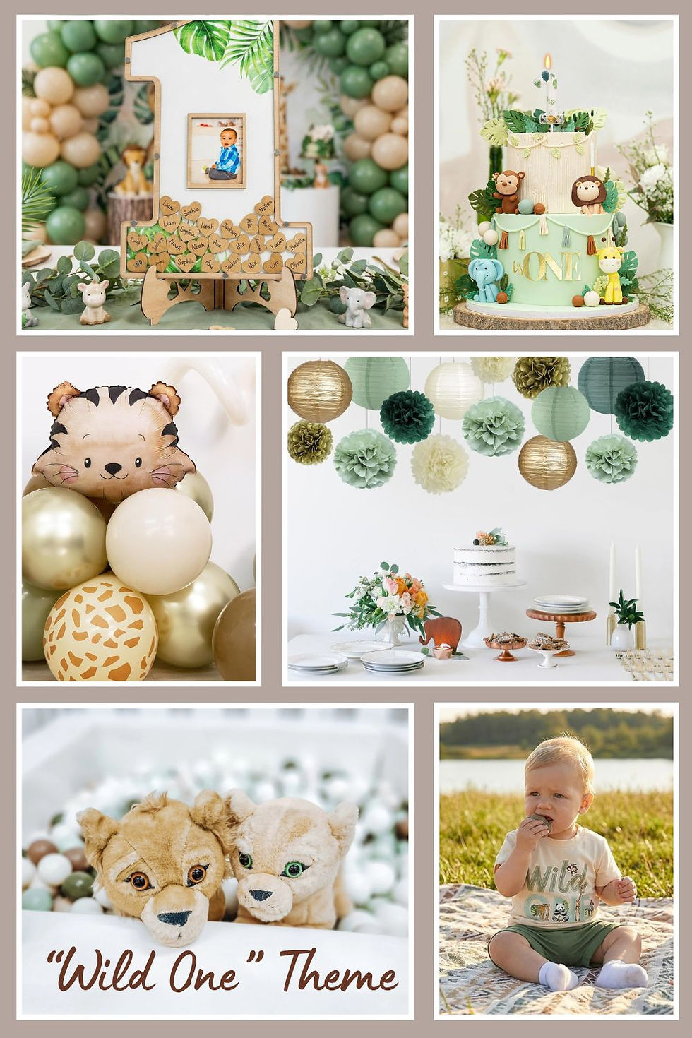 Collage of first-birthday safari decor with animal balloons, a cake labeled ONE, and a baby in a Wild One shirt.