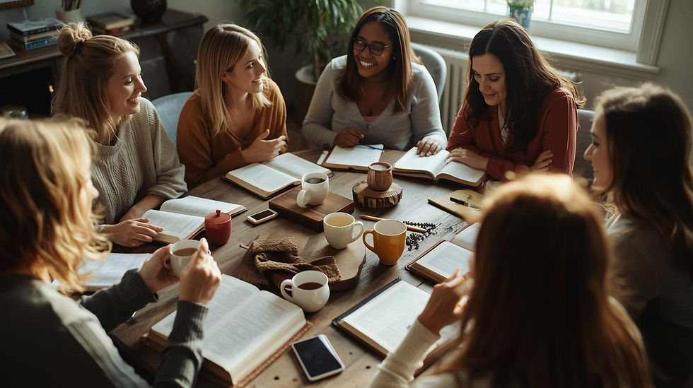 Seven women happily discussing books around a table with coffee mugs. Sunlit room, cozy atmosphere, open books, and a smartphone visible.