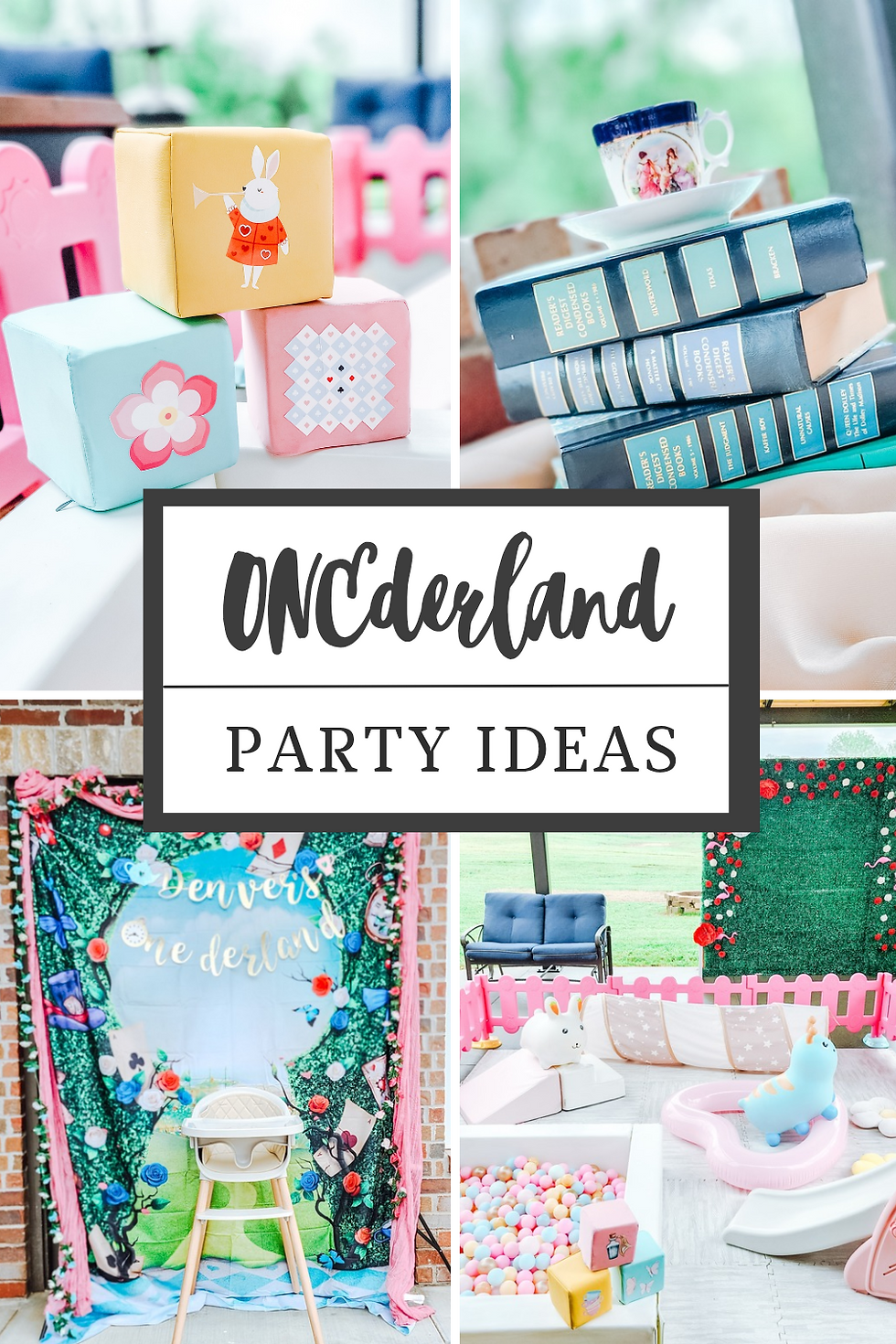 Colorful ONCEderland-themed party ideas with playful blocks, books, and a tea cup. Vibrant decorations create a whimsical atmosphere.