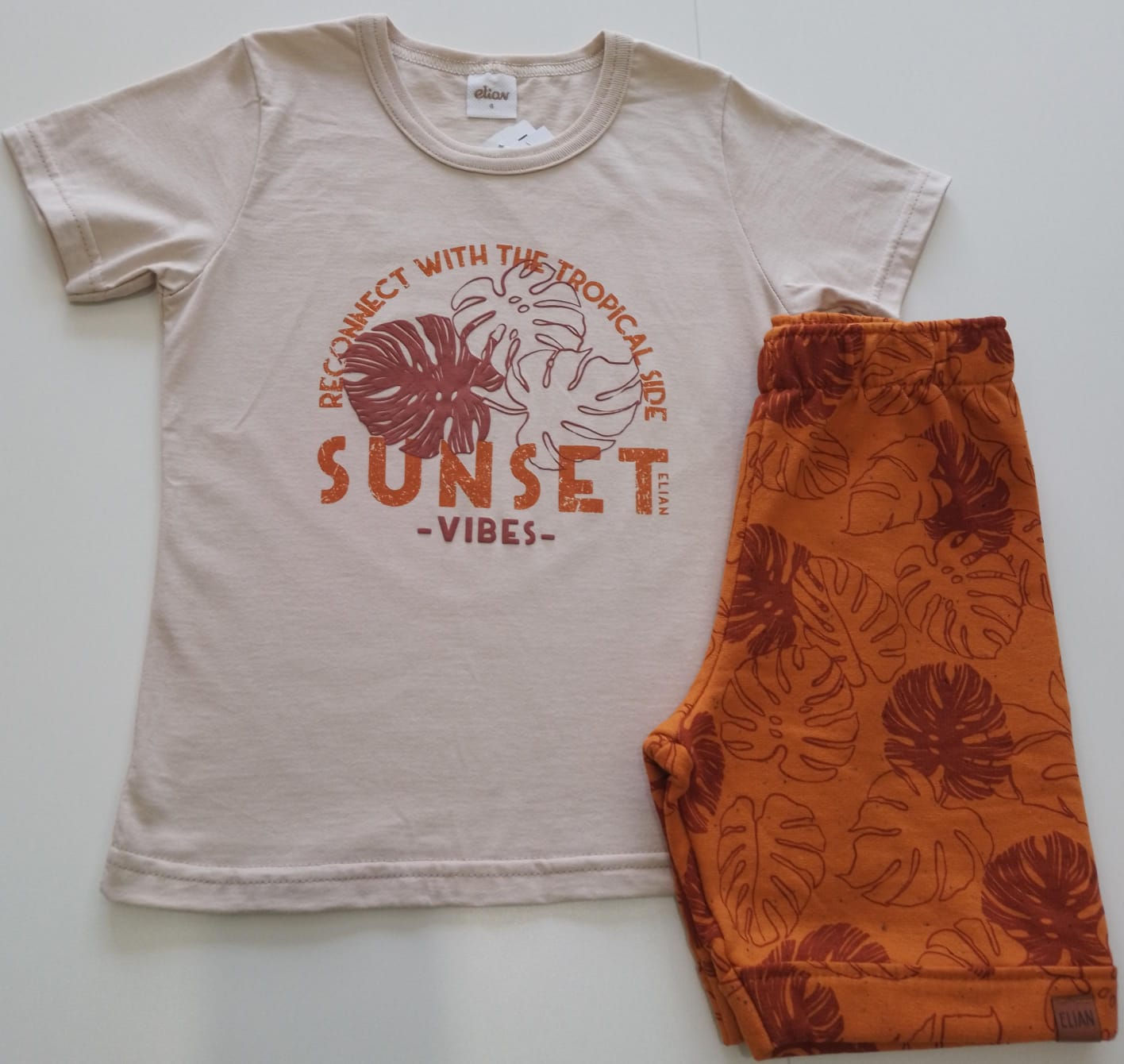 Conjunto Elian Camiseta Marrom Claro e Bermuda Laranja Estampada