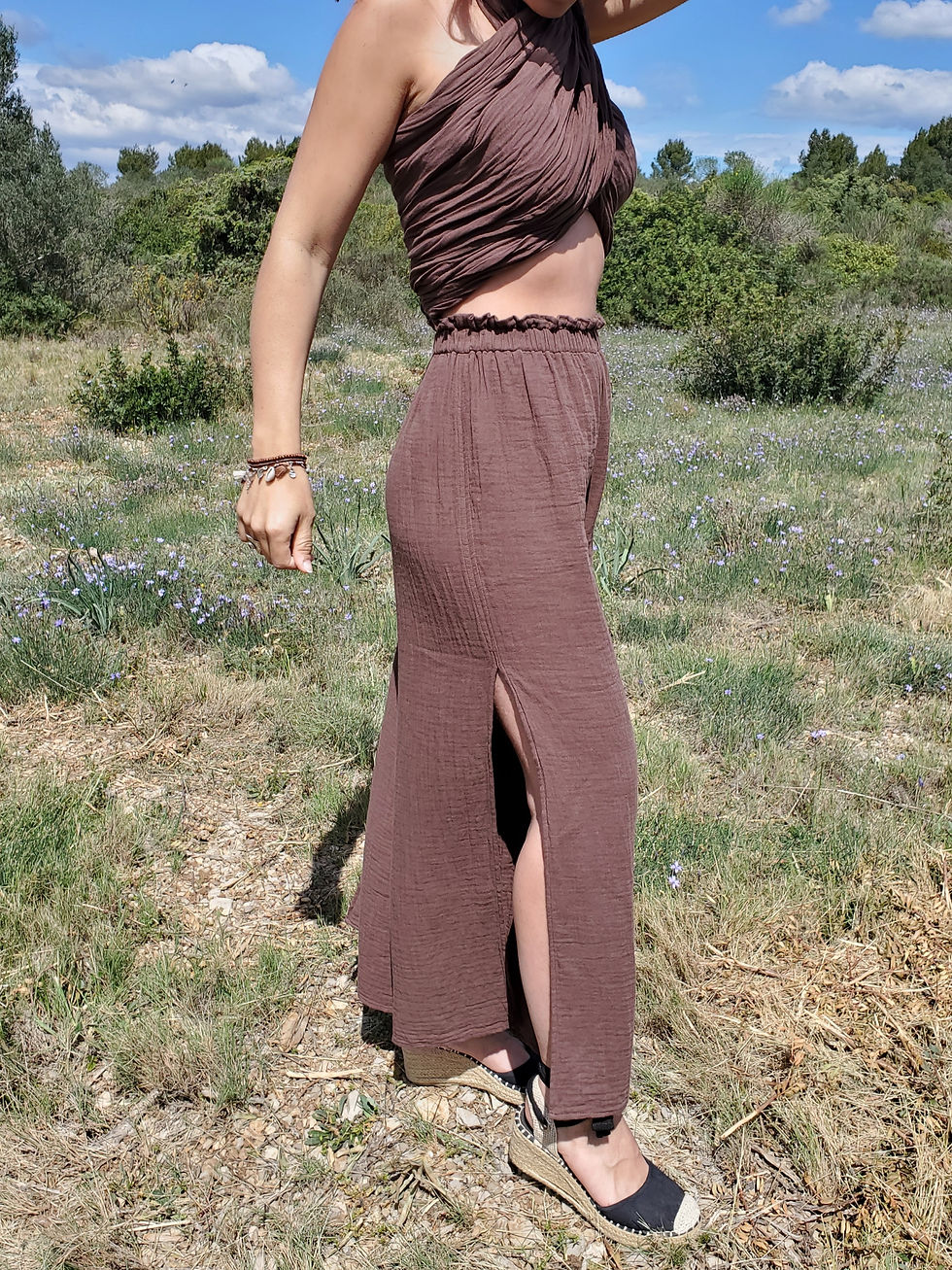 Pantalon fendu en lin et coton, mode alternative, matières naturelles, pantalon détente yoga pilates, ostara, ostara atelier