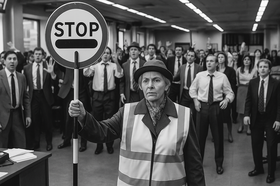 Black-and-white image of a serious crossing guard holding a ‘STOP’ sign in front of a stunned crowd of traders — symbolising stop-loss strategies and the importance of knowing when to pause in trading.