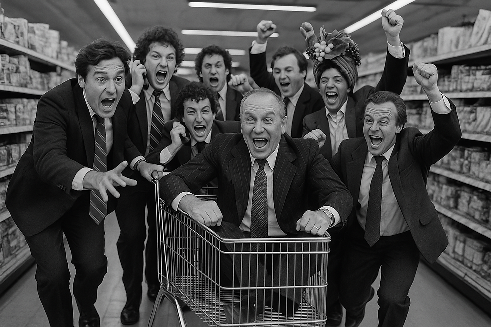 Excited traders push a colleague in a shopping trolley down a supermarket aisle, parodying chaotic trading decisions with humour and energy.