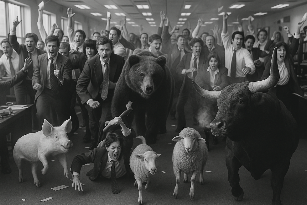 Black-and-white scene of a chaotic trading floor filled with a bull, bear, pig, and sheep charging through crowds of 1980s traders — a vivid metaphor for emotional trading behaviours and market identities.