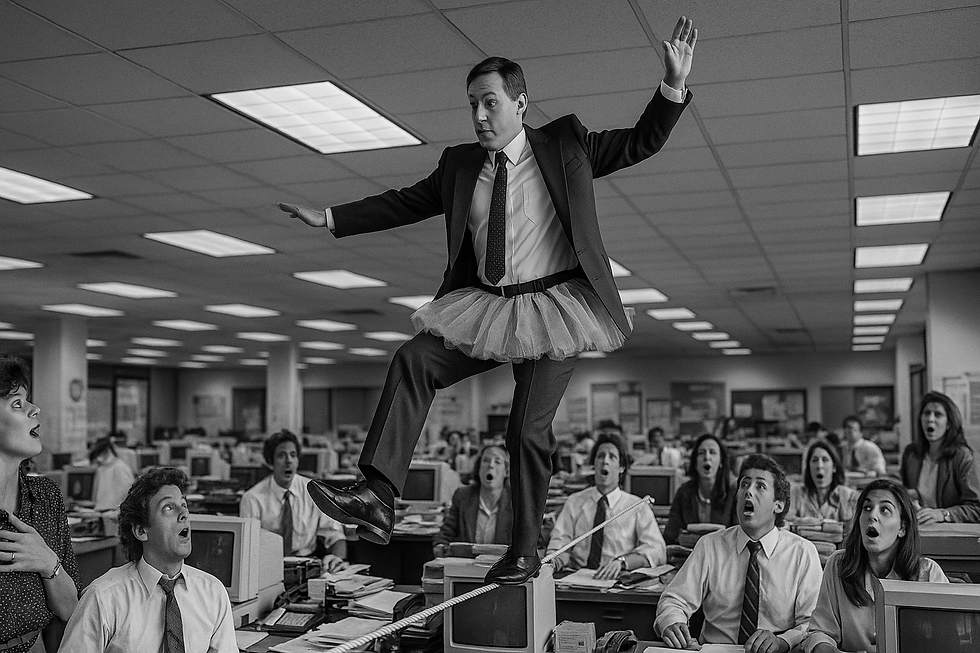 Man in a business suit and tutu balancing on a tightrope above stunned office workers symbolising risk, uncertainty, and the need for safety measures in trading.