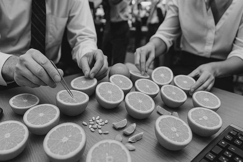Close-up of traders using tweezers to analyse orange halves and seeds, symbolising meticulous precision in evaluating market data and trade setups.