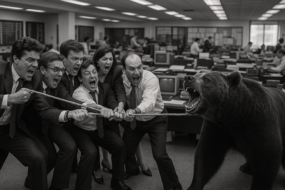 Black-and-white image of panicked 1980s traders in suits playing tug-of-war with a roaring bear inside a busy trading office — symbolising bear market pressure.