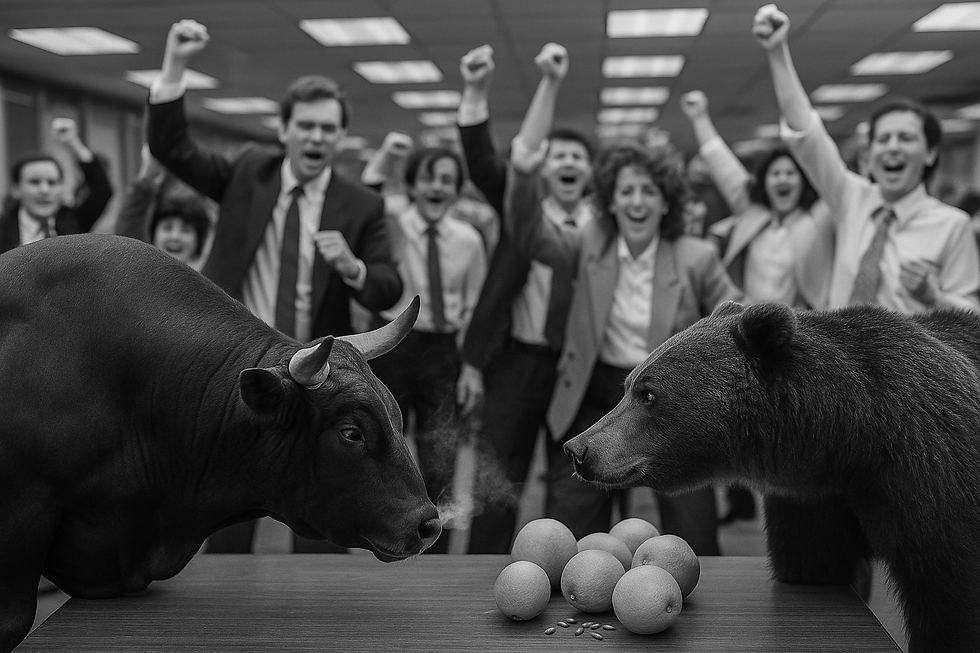 Black-and-white photo of a bull and bear staring each other down across a table with oranges, as 1980s office workers cheer behind them — symbolising market rivalry and emotional reactions to trading trends.