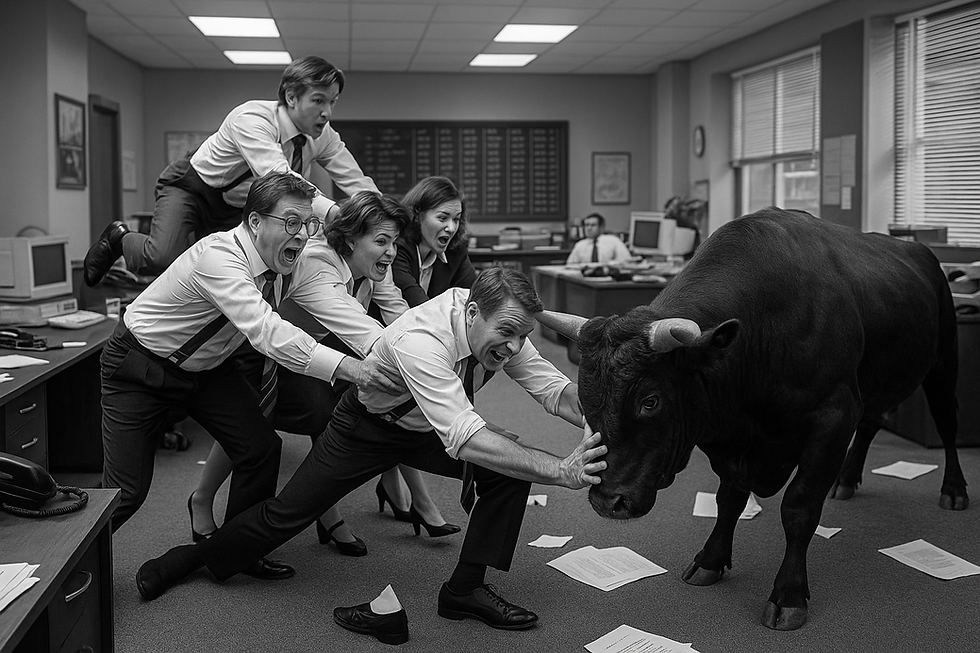 Black-and-white photo of frantic 1980s office workers wrestling a live bull on the trading floor — a chaotic metaphor for bull markets and trader behaviour.