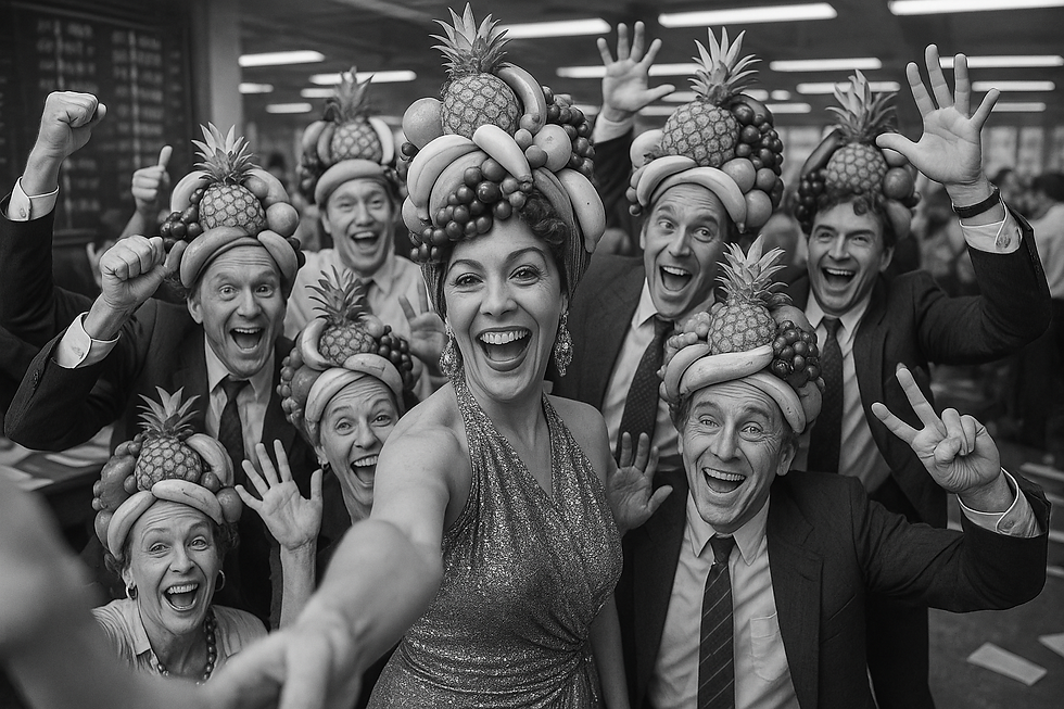 Group of jubilant traders wearing elaborate fruit hats take a selfie on a buzzing trading floor, celebrating market action with playful flair.