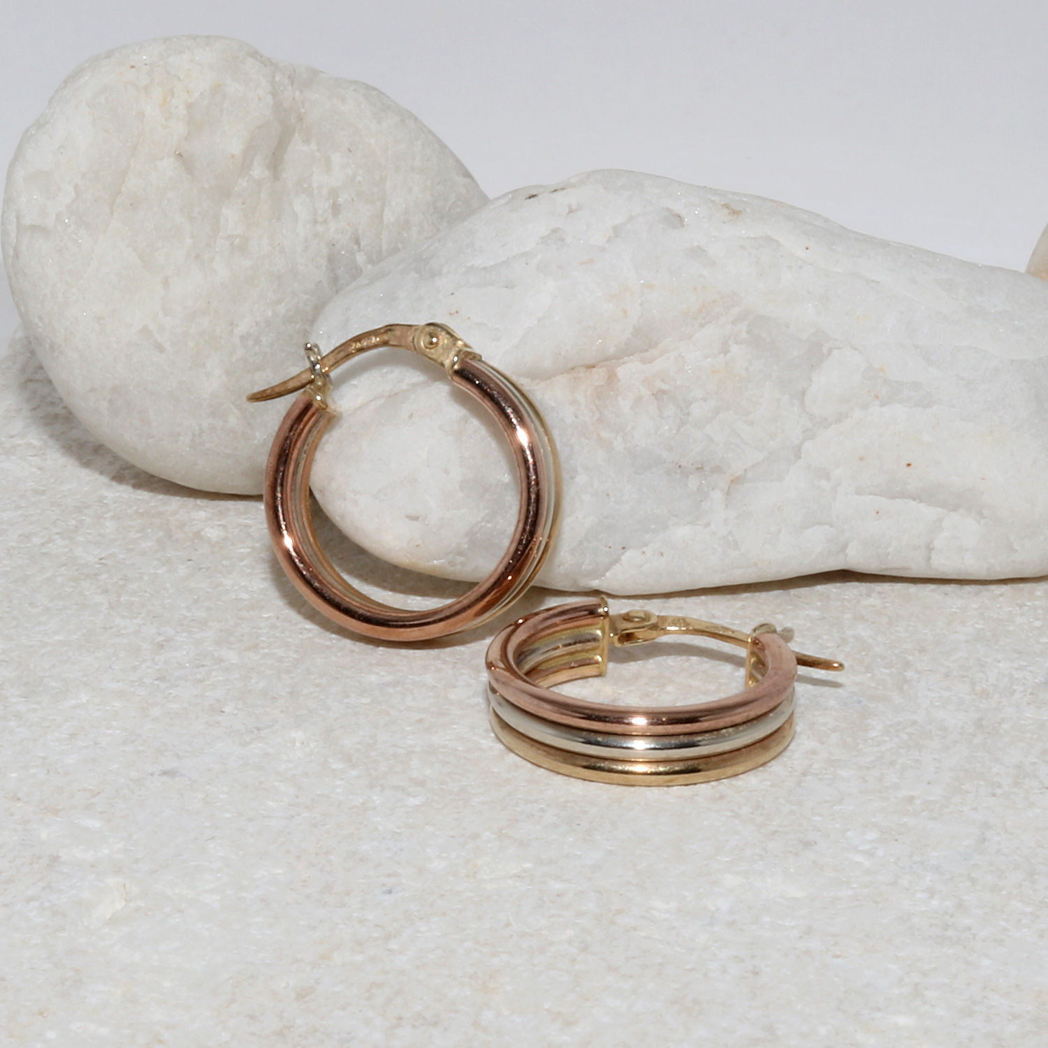 9ct Solid Yellow White Rose Three-Tone Gold Hallmarked Hoop Earrings