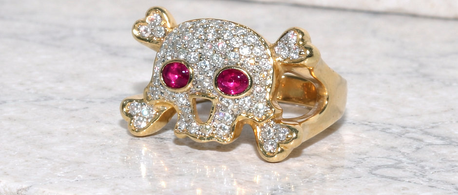18ct Solid Yellow Gold Natural Ruby Genuine Full Diamond Skull Ring Vintage
