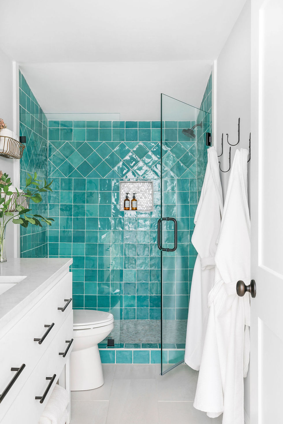 Wild Flower bathroom with teal colored tile walk-in shower Bed and Breakfast Ellijay