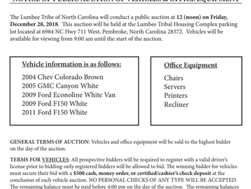 NOTICE OF PUBLIC AUCTION OF VEHICLES & OFFICE EQUIPMENT