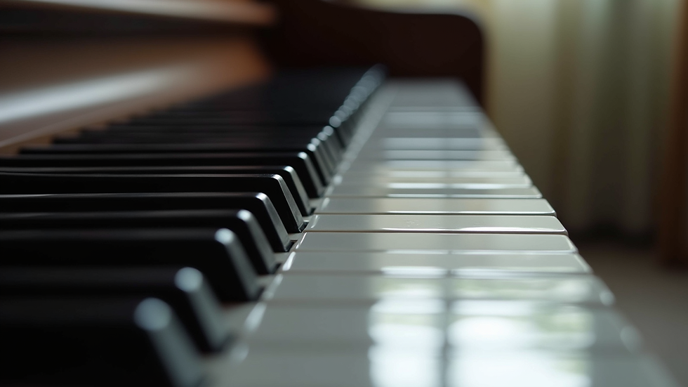 Eye-level view of piano keyboard with some keys slightly raised