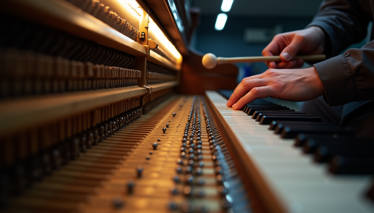 Eye-level view of a piano tuner adjusting tuning pins inside a grand piano