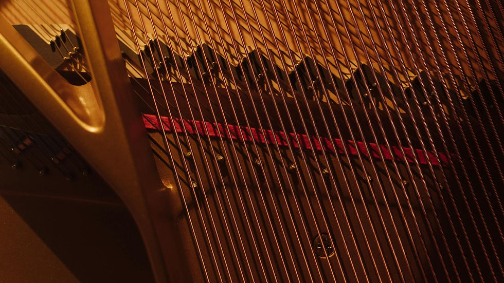 Detailed view of grand piano strings showing intricate design in warm lighting.