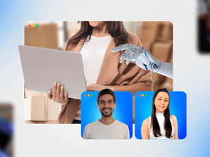 Montagem digital ilustrando o Protocolo de Comércio Universal (UCP) no varejo. A imagem mostra uma mulher com um notebook e caixas de encomendas ao fundo, sendo auxiliada por uma mão robótica, enquanto dois atendentes sorriem em janelas de videochamada sobrepostas.