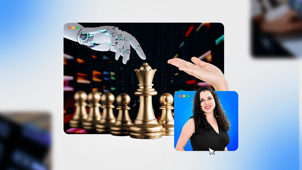 Thumbnail do artigo "GEO e EEAT: estratégias de SEO para IA em 2026". A imagem apresenta uma composição digital com Izabella Galhardo, redatora SEO da Kipiai, em um box azul no canto inferior. Ao centro, um tabuleiro de xadrez com peças douradas, onde uma mão robótica e uma mão humana se aproximam da Rainha, simbolizando a colaboração entre IA e humanos. O fundo é escuro com elementos digitais desfocados.